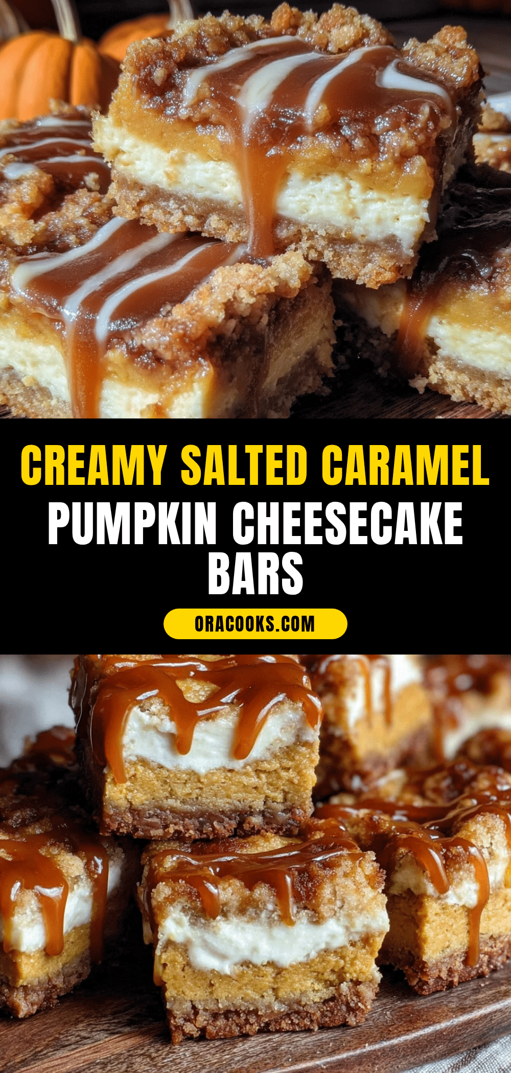 creamy salted caramel pumpkin cheesecake bars recipe
